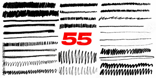 Collection of various black brush strokes and handwritten number fifty five