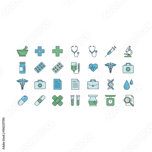 Large set medical pharmacy healthcare icons DNA stethoscope pills documents
