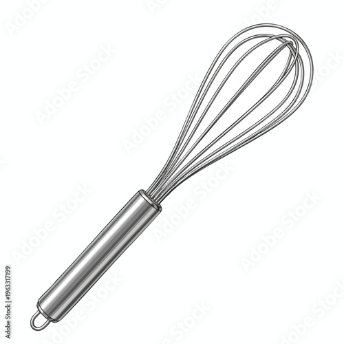 Gleaming metal whisk with a sleek handle and looped end, ready for kitchen tasks