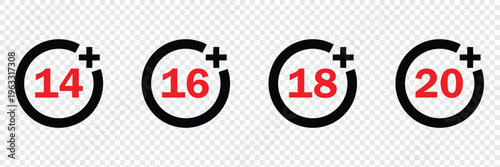Set isolated age restricted 3, 5, 9, 13, 16, 18, 21 plus yeas old, age restricted under 3, 5, 9, 13, 16, 18, 21 , Perfect for adding clear age restrictions and warnings with stylish, websites, apps . 