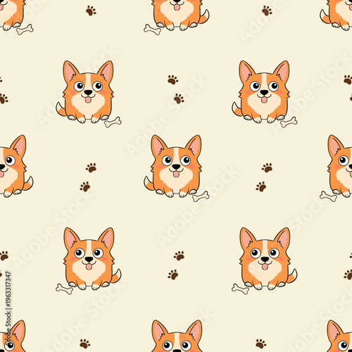 Adorable welsh corgi puppy seamless pattern with dog bones and paws