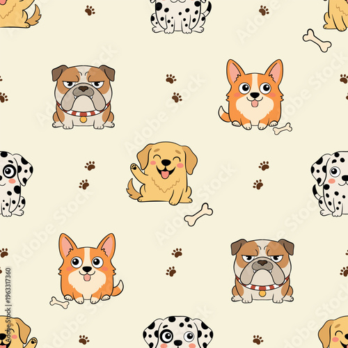 Seamless pattern with cute cartoon dogs corgi dalmatian bulldog and golden retriever