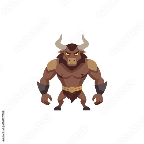 A muscular cartoon bull with yellow eyes and a fierce expression stands heroically
