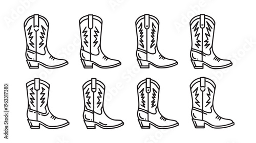 Eight Cowboy Boots Lined Up Simple Line Art Illustration Western Style Footwear