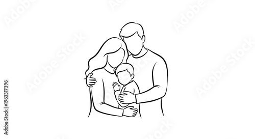 Linear depiction of a loving family embracing, a father holding a baby, with a mother close by, illustrating familial connection and tenderness.