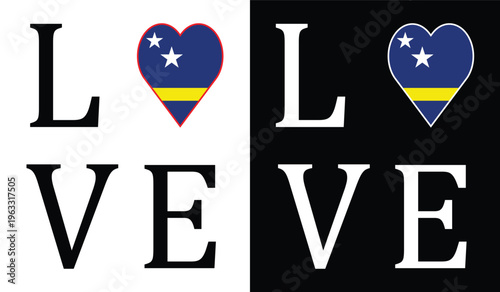I Love Curaçao Square Typography Design Heart Shaped Curaçao Flag with LOVE Grid Text Art.