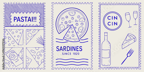 Stylized illustrations of italian food pasta pizza sardines and wine