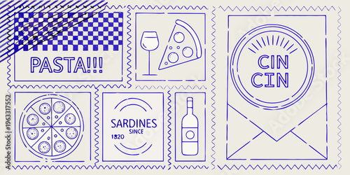 Stylized food illustrations within decorative blue frame elements