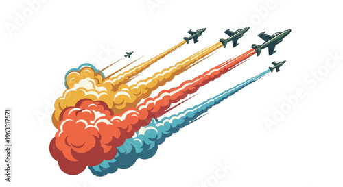 Formation of aircraft with colorful smoke trails on white background