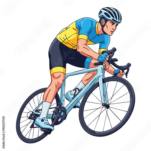 Competitive cyclist in yellow and blue racing kit in a dynamic pose