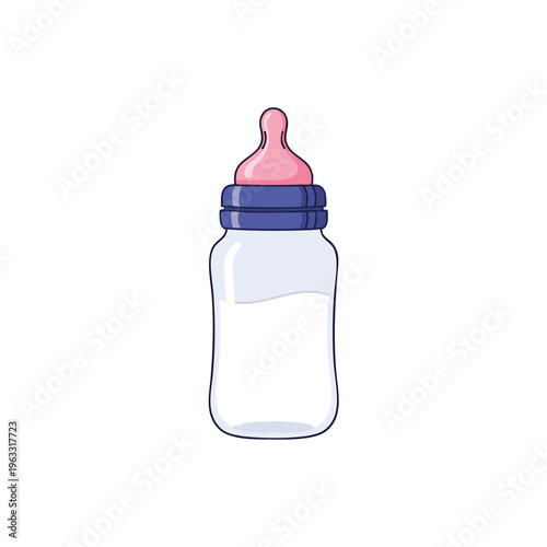 A pink-nippled baby bottle with blue ring and white liquid