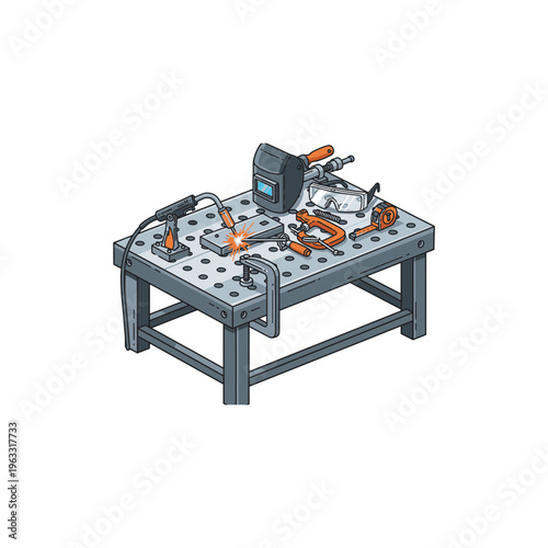 Isometric workbench with welding mask and industrial workshop equipment tools