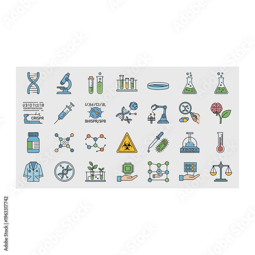 Photography Scientific research and laboratory icons collection for biology chemistry scienc