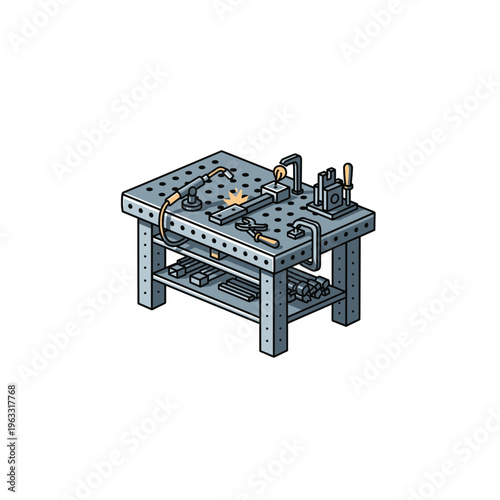 Empty isometric workshop workbench table with clamps and industrial fixtures