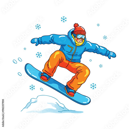 Cartoon snowboarder mid-air jump over snow mound, surrounded by snowflakes