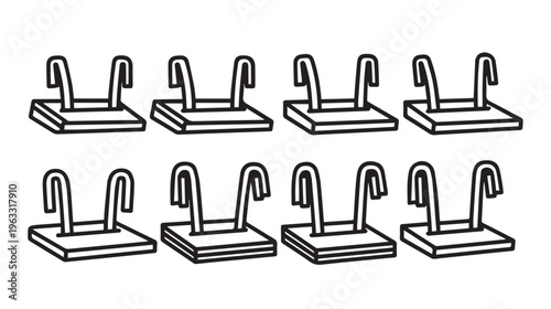 Eight identical retail display hooks simple line art isolated on white background