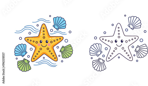 Cute Starfish and Seashells Vector Illustration Set Featuring a Colored Version and a Line Art Outline for Kids Coloring Book Pages, Nautical Summer Design, and Marine Life Education