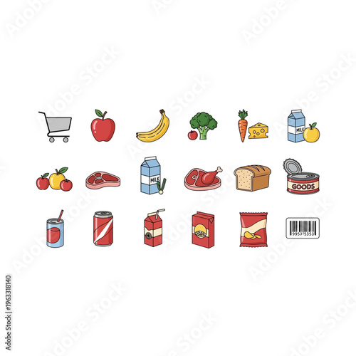 Pixel art grocery store icon set featuring food and shopping cart
