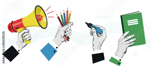 Education Concept Illustration with Robotic Hands Holding Megaphone Pencils Pen and Book Learning Technology Vector Banner Design