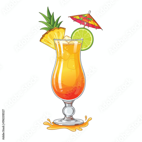 Tropical layered drink in glass with pineapple, lime, umbrella & splash