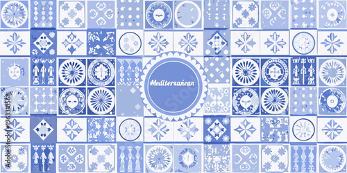 A repeating pattern of mediterranean blue and white ceramic tiles