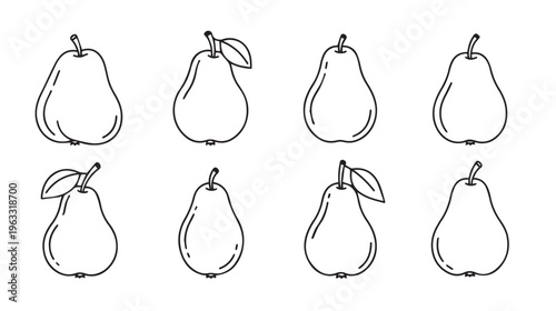 Eight Simple Pear Line Drawings with Stems and Leaves on White Background