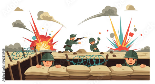 Cartoon illustration of soldiers in combat with explosions and barbed wire