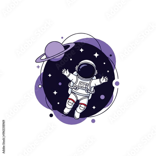 Vector flat design illustration of an astronaut floating in space with planets and stars, a cosmic adventure