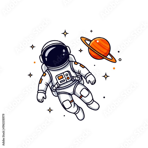 Vector flat design illustration of an astronaut floating in space near a colorful planet with stars