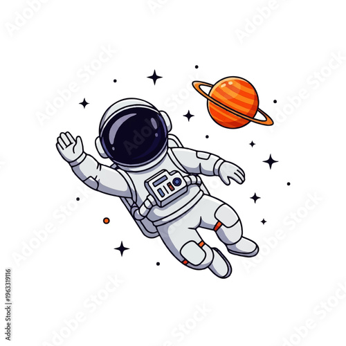 Vector flat design illustration of an astronaut floating in space near a planet and stars