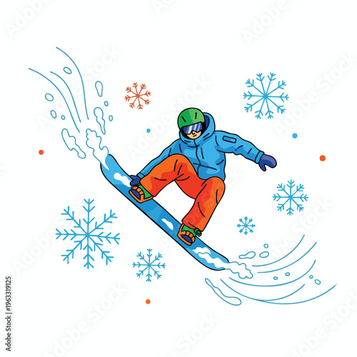 Person in blue jacket snowboarding through snowflakes, mid-air jump
