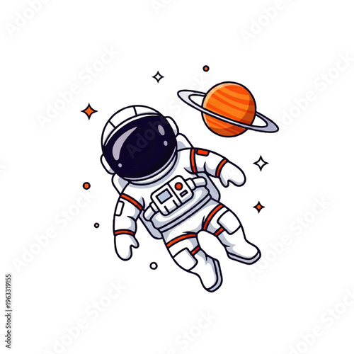 Vector Flat Design Illustration of a cute astronaut floating in space near a ringed planet with stars