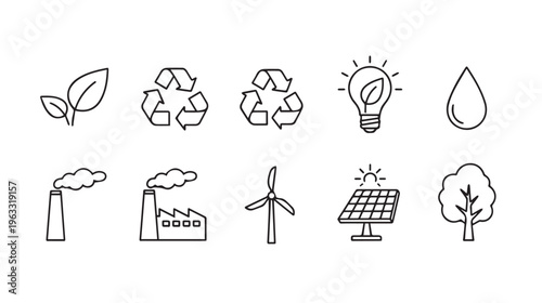 Environmental Icons Set: Leaves Recycling Lightbulb Water Drop Factory Wind Turbine Solar Panel Tree