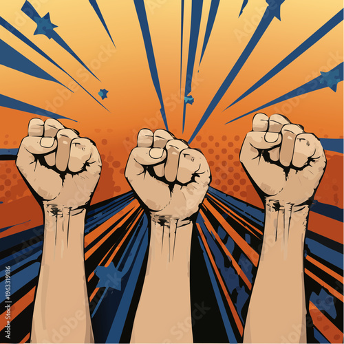 Three raised fists symbolizing unity and strength.