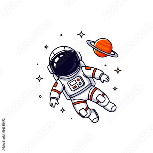 Vector flat design illustration of an astronaut floating in outer space near a ringed planet, with stars scattered