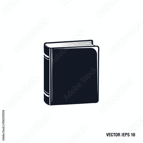 A dark, closed book with crisp white pages and decorative spine lines