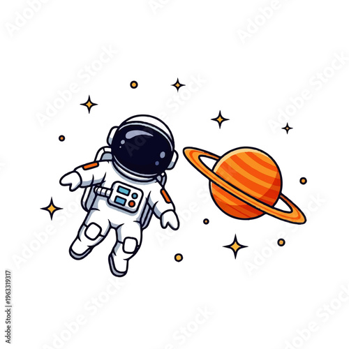 Vector flat design illustration of a cute astronaut floating in space near a stylized planet with rings, surrounded