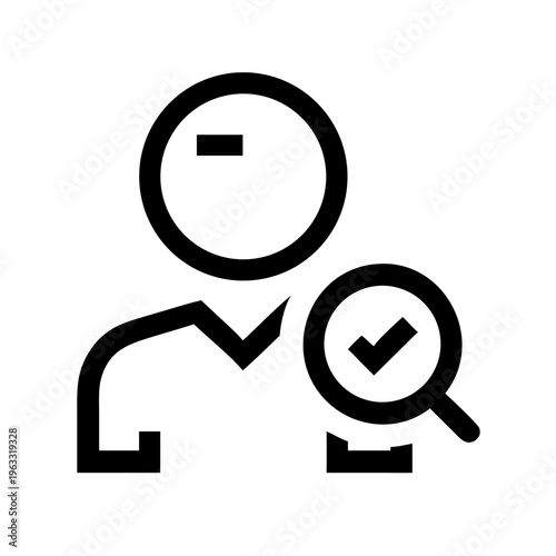 Minimalist user verification icon, black line art profile with magnifying glass and checkmark, human resource vetting and candidate search vector
