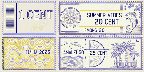 Collection of four decorative postage stamps with various designs and values