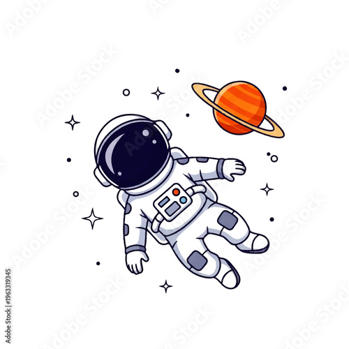 Vector flat design illustration of an astronaut floating in space near a ringed planet, surrounded by stars