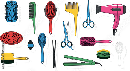 “Hair Salon Tools Set with Brushes, Scissors and Hair Dryer, Colorful Styling Equipment Collection, isolated on a transparent background”