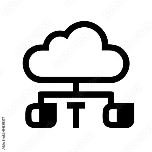 Cloud computing network icon, black outline data storage symbol, minimalist digital infrastructure vector for technology and web hosting services