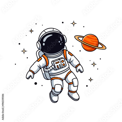 Vector flat design illustration of a cute astronaut floating in space near a ringed planet with stars