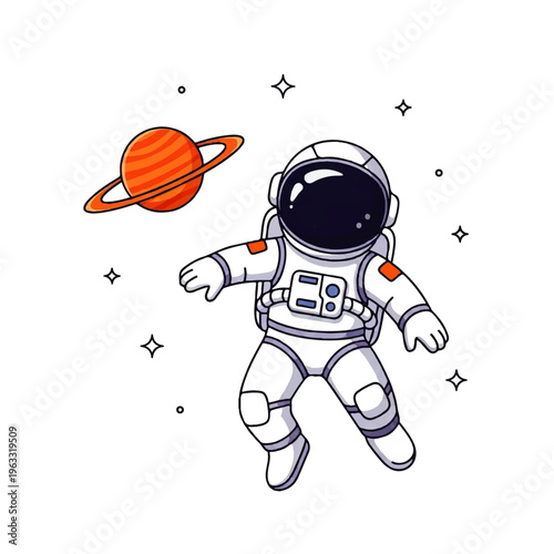 Vector flat design illustration of an astronaut floating in space near a ringed planet with stars