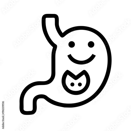 Happy stomach icon with smiling face, healthy digestive system vector illustration, human organ line art for gut health and probiotics