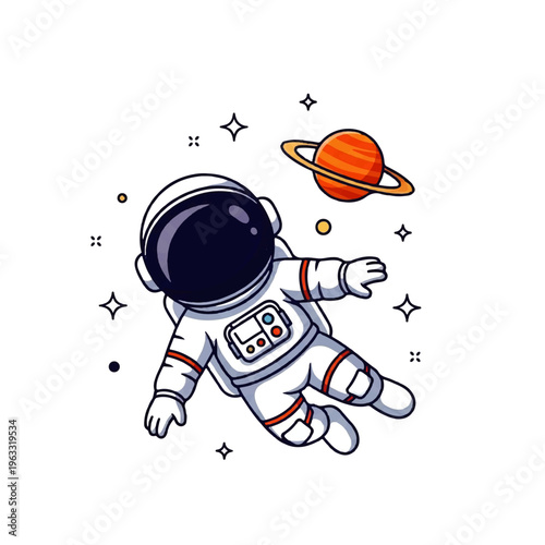 Vector flat design illustration of a cute astronaut floating in space near a planet with rings, surrounded by stars