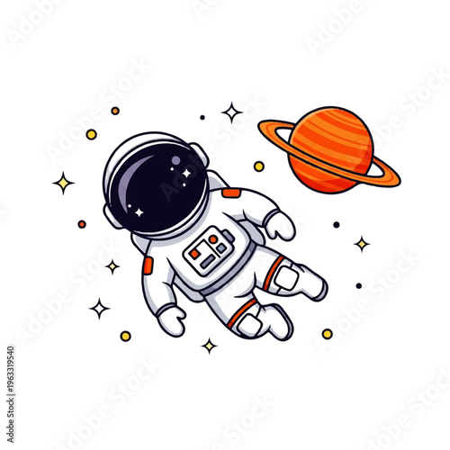 Cute vector flat design illustration of an astronaut floating in space near a ringed planet with stars