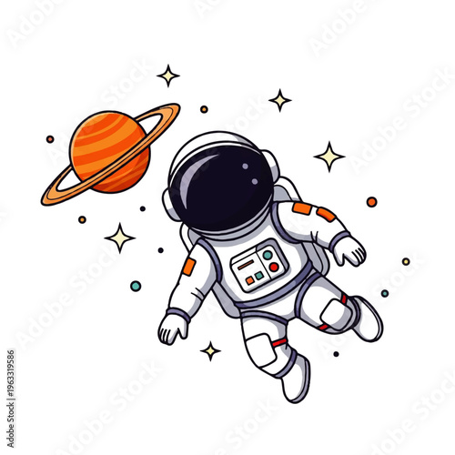 Vector flat design illustration of an astronaut floating in space near a ringed planet with stars
