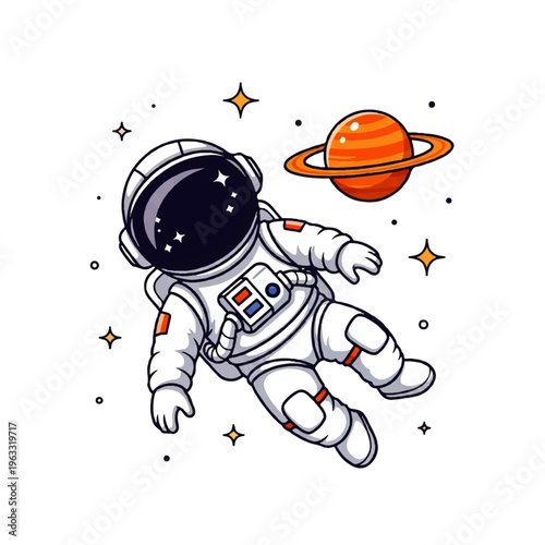 Vector flat design illustration of an astronaut floating in space near a ringed planet with stars