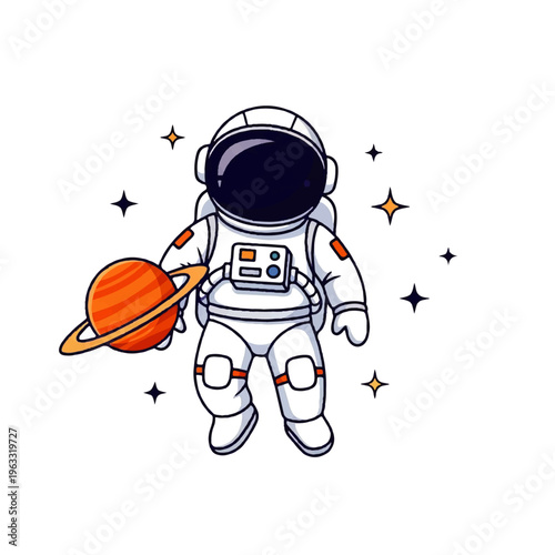 Vector flat design illustration of an astronaut holding a planet, floating in space surrounded by stars